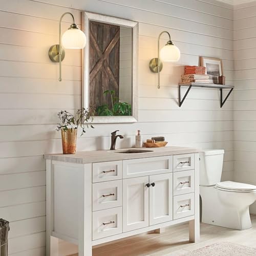 Image of KCO Lighting 1-Lighting Milk Ribbed Glass Wall Sconce Indoor Gold and White Wall Sconce Minimalist Slim Long Sconces Brass Hallway Wall Light Fixtures Globe Vanity Lights for Bathroom Bedroom