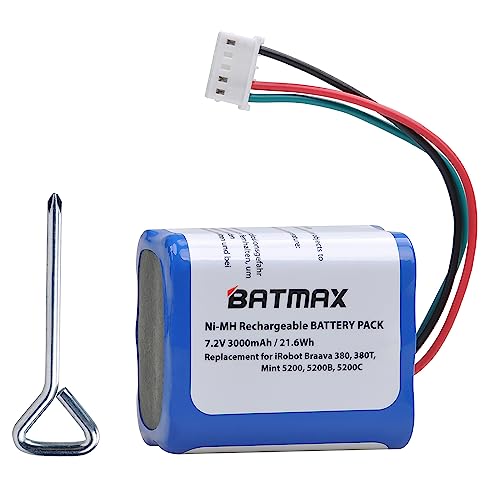 Batmax 7,2 V NI-MH 3000 mAh 380 Akku für iRobot Braava 380t 390 390t 2000, Mint Plus 5200 5200B 5200C Staubsauger