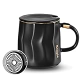 KRGMNHR Flat Bottom Coffee Mug, 13.5 oz Ceramic Tea Cup with Lid, Best Match Mug Warmer, Coffee Cup Gold Trim and Word Design for Office and Home Gift, Black