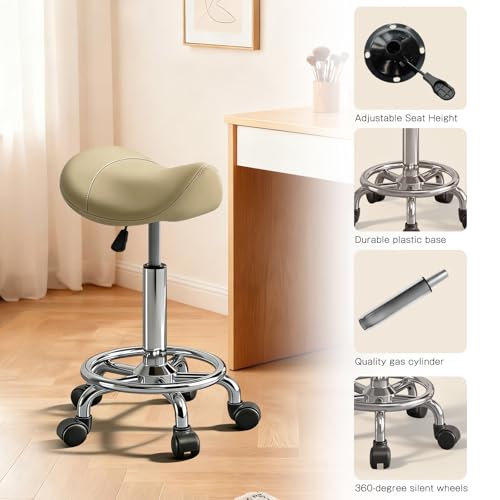 Image of Saddle Stool with Wheels, Adjustable Rolling Stool Chair with Back Support, Ergonomic PU Leather Saddle Chair for Salon, Massage, Tattoo, Medical, Spa, Office (Khaki, 1PCS)