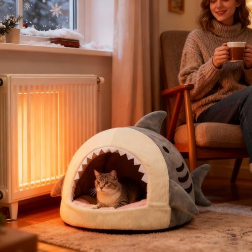 Cama climatizada para gatos – Nicho M de felpa térmica, diseño aislante semicerrado | Acogedora protección invernal | Accesorios de confort interior adecuado para noches y zonas de descanso domésticas - imagen 9