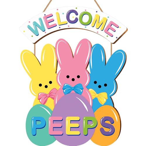 Easter Home Decor Welcome Peeps Door Hanger, Peeps Decor Bright Pastel Sign With Rope For Easter Door Decorations Wreath Indoor Hanging Decoration