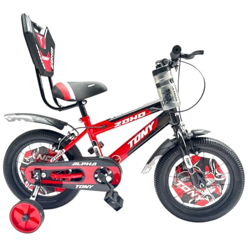 Image of TONY RAW Kids Bicycle 14T inch Sports Cycle for 3 to 5 Years Baby Boys & Girls with Side Training Wheels & Back Rest Seat /Water Bottle SEMI-Assembled (Red)
