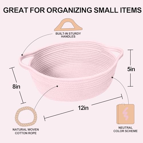 Image of Small Woven Gift Basket, Baskets for Gifts Empty, Cotton Rope Cat Dog Toy Box, Nursery Baby Organizer with Handles, Cute Wicker Storage Bin for Home Decor, Light Pink, 12 inchx 8 inchx 5 inch