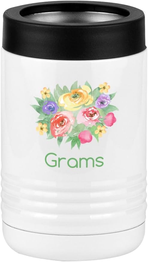 Mamaw Flowers Beverage Holder, Floral Can Cooler, White Polar Camel, Stainless Steel, Vacuum Insulated, by Just So Posh