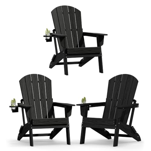 Image of Plawdlik Folding Adirondack Chair Set of 3, Cup Holder, Black | pin-free folding, 38-in tall back, Wood-grain All-weather HDPE; for fire pit, poolside, deck, backyard, patio