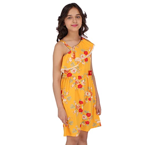 Image of Cutecumber Girls Polyester Floral Printed Mustard Dress. CC6174D-MUSTARD