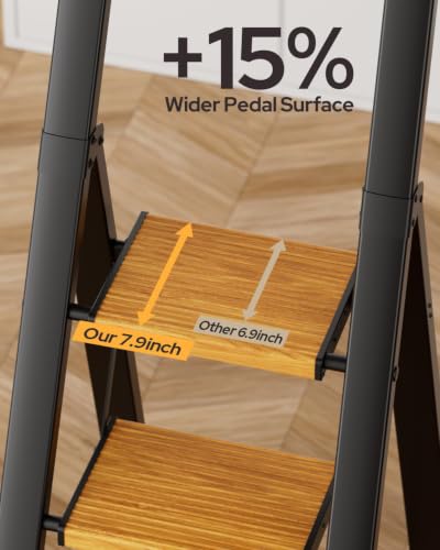 Image of 4 Step Ladder, Lightweight Aluminum Folding Step Stool with Convenient Handgrip, Stepladders with Anti-Slip and Wide Pedal for Home Use Space Saving - Black+Woodgrain