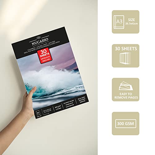 NUCASSO Watercolour Paper Pad A3 x 30 Sheets – Natural White 300 GSM Student Grade, Cold-Pressed, Glue Bound Water Colour Sketchbook for Wet, Dry & Mixed Media
