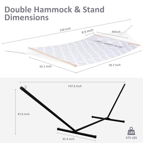 Image of SUNCREAT Double Hammock, Extra Large Quilted Fabric Swing with Hardwood Spreader Bars & Detachable Pillow, Heavy Duty, Perfect for Indoor /Outdoor Patio, Deck, Yard, Gray Cloud