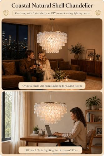 ZEDSUN Modern Capiz Chandelier Lighting 5 Lights, Natural Shell Hanging Ceiling Light Fixtures Contemporary Seashell Coastal Chandeliers for Living Room Hallway Foyer - Image 3