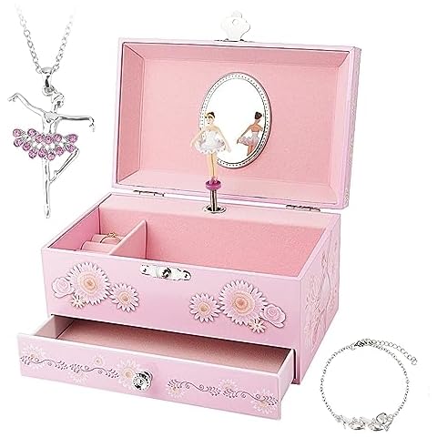 RR ROUND RICH DESIGN Kids Musical Jewelry Box for Girls with Drawer and Jewelry Set with Ballerina Theme - Swan Lake Tune Pink Cover