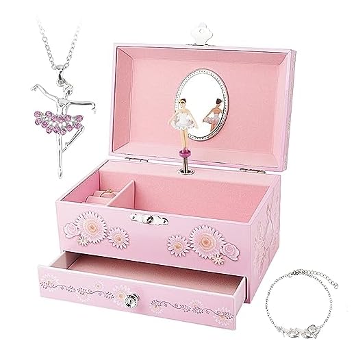 RR ROUND RICH DESIGN Kids Musical Jewelry Box for Girls with Drawer and Jewelry Set with Ballerina Theme - Swan Lake Tune Pink