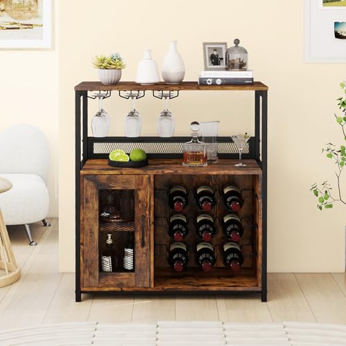 GIANTEX Mueble Organizador de Bar con Estantes para 9 Botellas y 3 Portavasos, Armario para Vino con Puerta de Rejillas, Kit Antivuelco, 75 x 34 x 90,5 cm, Aparador para Cocina, Comedor
