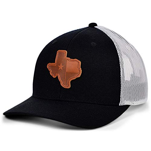 Local Crowns Texas Leather State Patch Curved Trucker Flag Adjustable Black and White Snapback Cap