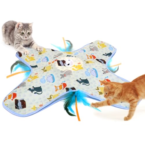 DFQ Interactive Cat Toys Chargeable,Automatic Toy for Indoor Cats with Moving Concealed Wand Feather, 2 in 1 Hide and Seek Game Cat Toy for Hunting Instincts Exercise,Bored Adult Cats Wand T