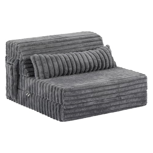 Tiita Folding Sofa Bed Twin Size, Convertible Sleeper Chair Mattress with Pillow, Thick Corduroy Floor Mattress Couch Bed with Side Pocket, Guest Room, Dorm, Apartment, Grey