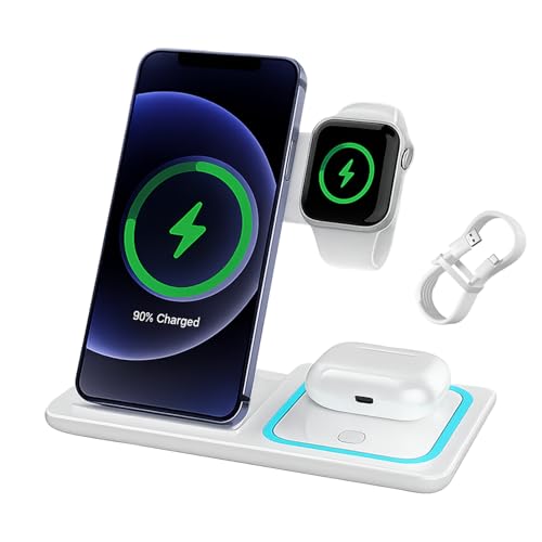 Huybaa Estación de Carga inalámbrica Plegable 3 en 1 para iPhone 16/15/14/13/12/11 + Apple Watch Ultra/SE/10-6 + AirPods: rápida, Ajustable a 70°, Compatible con Fundas de ≤4 mm