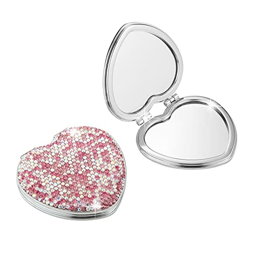 Asalways Rhinestone Compact Pocket Mirror Portable Travel Cute Cosmetic Mirror Folding Handheld Double-Sided 1X/2X Magnifying Purse Mirror(Pink) #TOP6