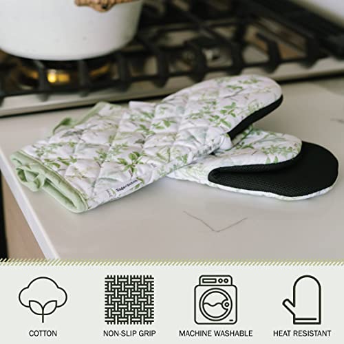 Sage+Stitch Heat Resistant Designer Kitchen Oven Mitts With Neoprene Non-Slip Grips And Hanging Loops | Set Of 2 100% Cotton Long Sleeve Kitchen Oven Mitts | 5.5" X 12" | Green Herbs #TOP2