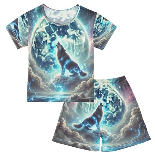 Wolf Moon Blue Pajama Set Short Sleeve Pajamas Shorts Sets Cotton PJS 2 Piece Clothes Set 5Y