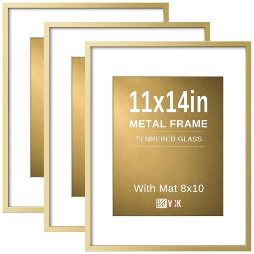 Image of VCK 11x14 Picture Frame Gold Metal, Real Glass, 8x10 Mat, 3 Pack, for Art