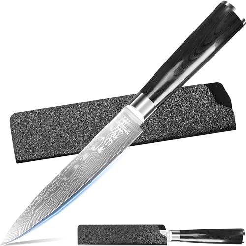 Image of XYJ 5 Inch Damascus Steel Utility Knife, Small Damascus Steel Carving Knife for Kitchen Use, Multipurpose Kitchen Knife for Vegtable, Meat Cuttting