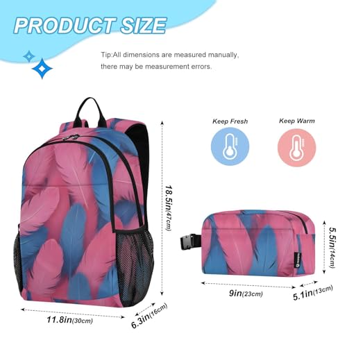 Travel Backpack Lunch Bag Set for Hiking Picnic, Backpacks with Insulated Lunch Box Red Blue Feathers Print2