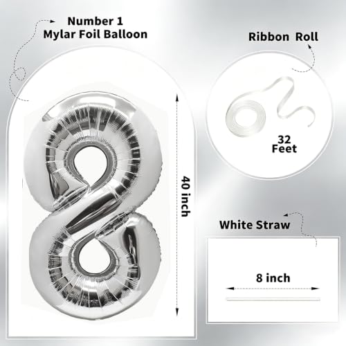 Image of Number Balloons Silver Party Balloon - Giant Number 8 Balloon, 40 Inch Large Balloon for Birthday Decorations, Silver Party Supplies for Anniversary