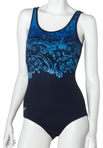 Speedo Women's Aquatic Resort Lycra Mosaic Border Print Contourback Tummy Control One-Piece Swimsuit, Blue, 14 #TOP12