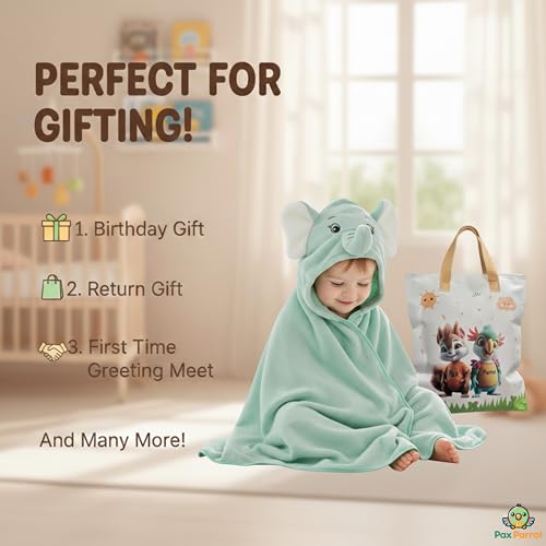 Image of Ultra-Soft Baby Hooded Towel - Coral Velvet Wrap Your Little One in Softness and Joy, Hypoallergenic & Super Absorbent Bath Wrap for Newborns& Toddlers |Cute Animal Design(0-5 Years)(Green Elephant)