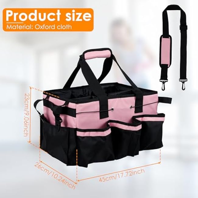 Wearable Cleaning Caddy Bag, Organizer Tote for Cleaning Supplies with Handle & Shoulder Straps, Built-in Sturdy Support Board, Under Sink & Car Cleaning Tool Organizers Bag for Housekeeper (Pink)