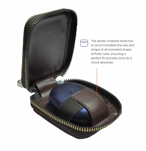 Image of Premium Eco-Friendly Universal Leather TWS earpod Storage Pouch Zip Lock with Hook Compatible with All Generation Apple Airpods - (Cover Only) (Dark Brown)