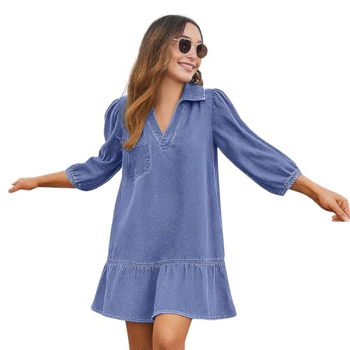 Women's V-Neck Denim Dress, A Line Mini Jean Dresses 3/4 Puff Sleeve Ruffle Loose Denim Layered Dress with Pockets2