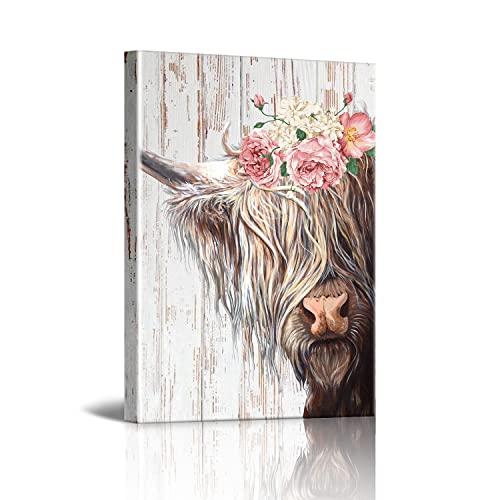 Image of Cute Highland Cow Country Farmhouse Canvas Printing Rustic Bedroom Decor Retro Cow With Garland Wall Art Funny Home Artwork Print Used in Bathroom Office Kitchen Dining Room Decoration Size 12x16 inch