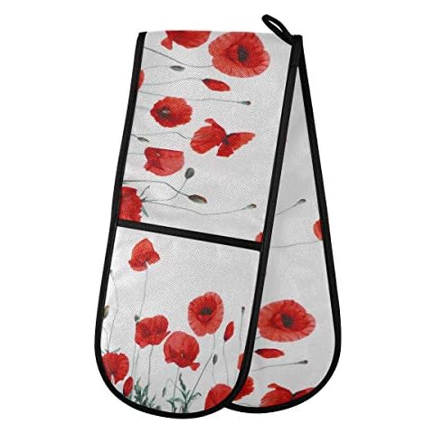 funnyy Poppy Flower Floral Double Oven Gloves Heat Resistant Oven Mitts Quilted Cotton Cooking Mitt for Baking Kitchen Grilling BBQ Microwave Barbecue Handling Hot Pots and Pans Cover