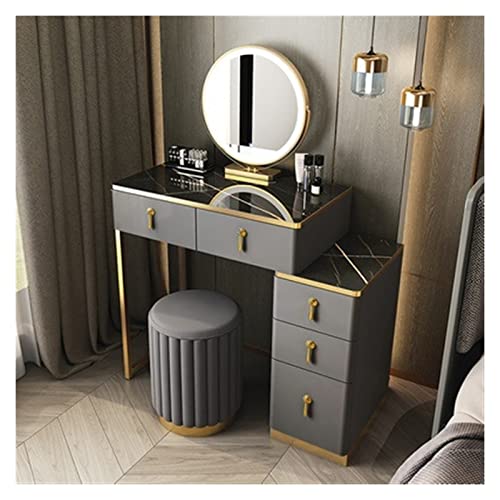 Tocador pequeño para dormitorio con espejo LED redondo, mesa auxiliar y taburete redondo de 70 cm de largo, elegante tocador de maquillaje para decoración del hogar
