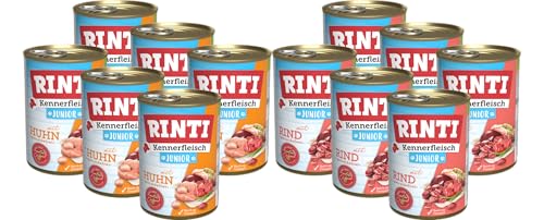 RINTI-Kennerfleisch Junior Mixpaket 12 x 400g | Welpen-Nassfutter Huhn & Rind | Nassfutter für Welpen | Getreidefrei mit Omega 3 & Rübenfasern | Juniorfutter ohne Soja