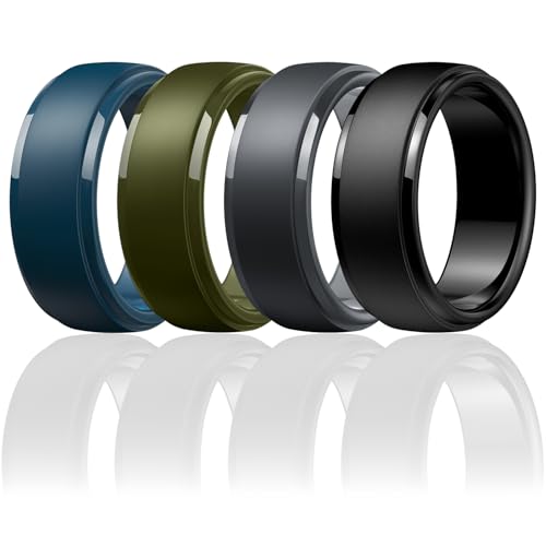 Image of Egnaro Men's Silicone Wedding Rings: Classic Black Step Edge Rubber band 10mm Wide 2.5mm Thick- Hypoallergenic for Gym /Outdoor /Gift(1 /4 /7 Variety Pack with Half Size)