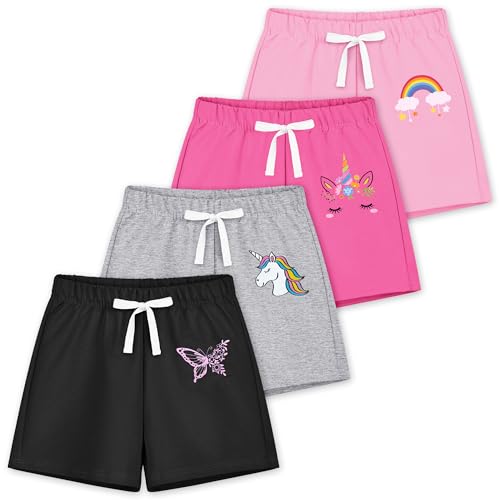 Poroka 4 Pack Toddler Girls Casual Shorts Unicorn Cartoon Print Athletic Dolphin Shorts for Kids Summer Activewear 2-7Y