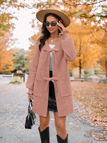 Women's 2025 Long Sleeve Cardigan Sweaters Open Front Bow Tie Up Cardigan with Pockets2