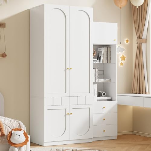 KOMHTOM Ensemble Meubles Chambre 130x50x200cm Armoire Penderie et Vitrine Bibliothèque Double Porte Tiroirs Blanc (Armoire + Vitrine 130cm - Blanc)