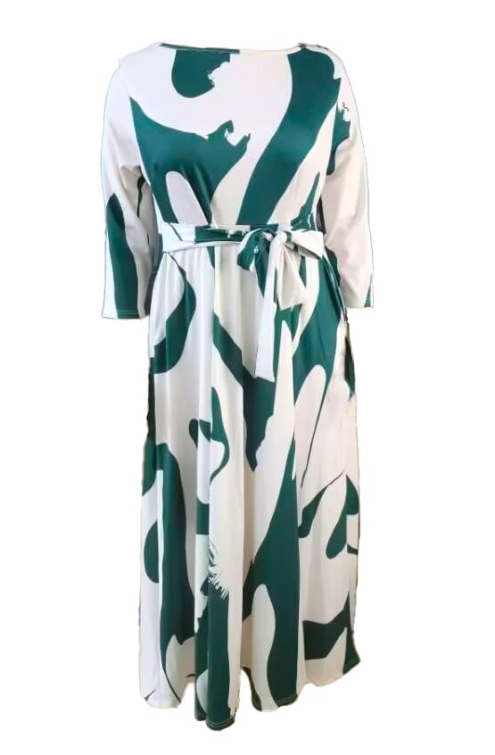 Image of Hostoyo Women Plus Size Formal A Line Maxi Dress Self Tie Waist with Pockets Elegant Round Neck Swing Long Dresses