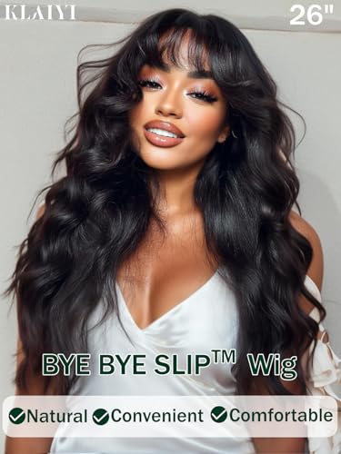 Image of KLAIYI Bye Bye Slip Loose Body Wave Precut 7x5 HD Lace Front Wigs Human Hair 180% Density Drawstring Pre Plucked Bleached Knots 3S Ready to Wear and Go Wig with Curtain Bangs Beginner Friendly 18Inch