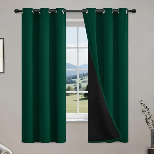 Image of COSVIYA 100% Dark Green Blackout Curtains for Kids Room 63 Inches Length | Room Darkening Light Blocking Drapes for Bedroom, Grommet Thermal Insulated Window Panels with Black Liner, W40xL63, 2 Panels