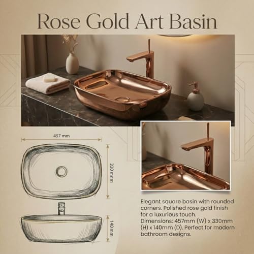Image of BASSINO 18x13x5.5 Inches Table Top Washbasin /1 Year Warranty /Ceramic Wash Basin for Bathroom /Rectangular Counter Top Wash Basin for Restaurant /Dining Hall /Living Room /Countertop Sink(Glossy Rose Gold)