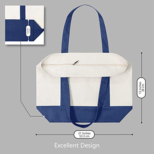 Image of TOPDesign 1-Pack Canvas Tote Bag with an External Pocket, Reusable Grocery Shopping Bag, Top Zipper Closure, Daily Essentials (Blue /Natural)