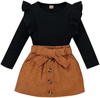 DuAnyozu Toddler Little Girl Skirt Outfits Feather Sleeve Tshirt Tops & Mini Corduroy Skirts Kids Fashion Clothes (D-Black Ribbed Top & Brown Skirt, 2-3T)