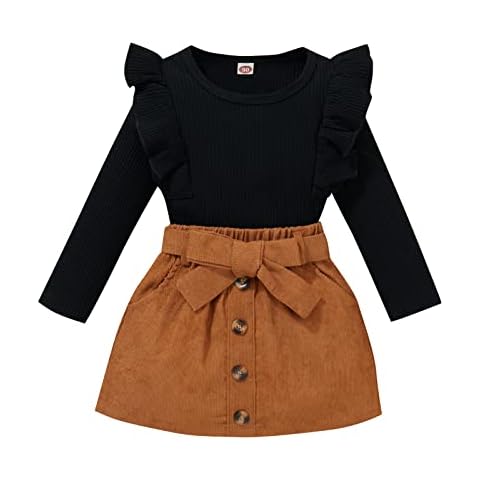 DUBASAM Trendy Kids Toddler Baby Girl Fall Outfit Ruffle Long Sleeve Knit Blouse Pullover Top Mini Skirt with Belt Clothes (Black +brown, 1-2 Years) Cover