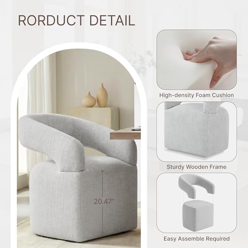 Image of KISLOT Upholstered Dining Chairs Set of 4, Modern Arm Kitchen & Dining Room Chairs with Hidden Casters, Linen Fabric Padded Rolling Chairs, Sturdy Wood Frame, 300 lbs Capacity, Light Grey